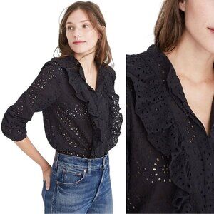 Madewell Ruffled Front Eyelet Lace Black Button Front Blouse Size S